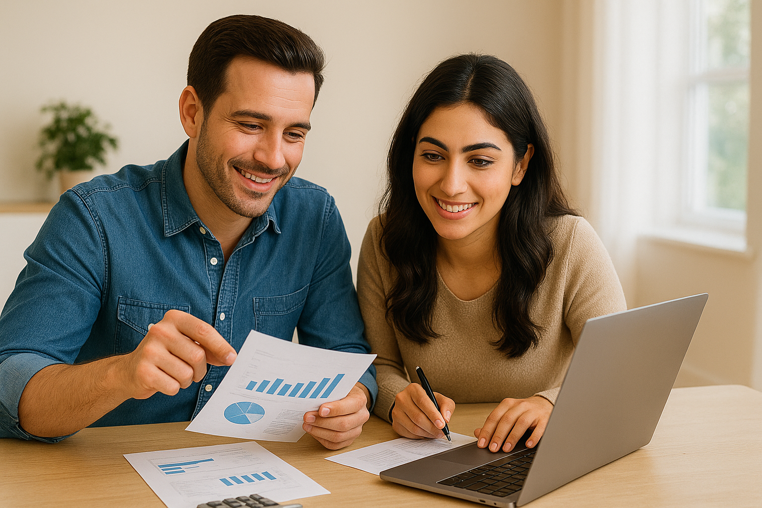 Stel rekent samen met laptop en documenten om te berekenen hoeveel ze kunnen lenen